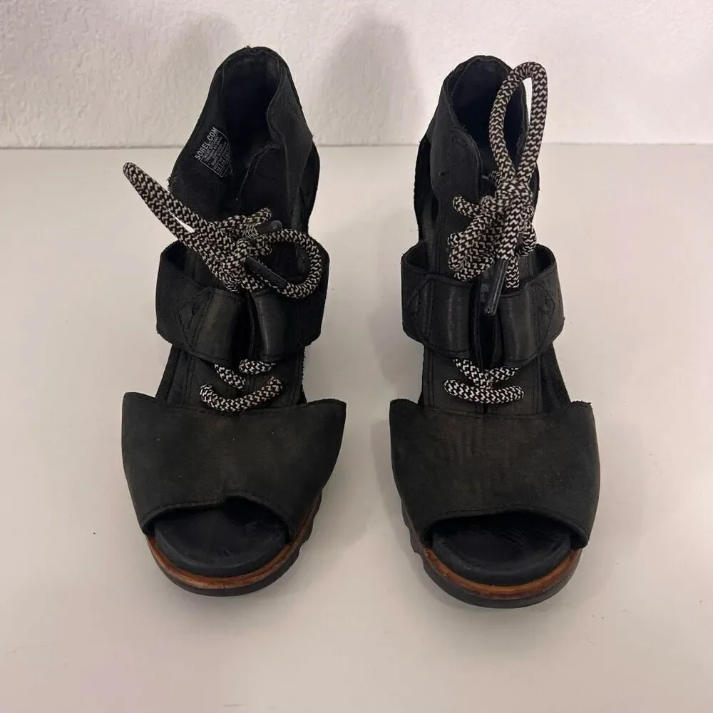 Sorel Black Leather Cutout Detail Lace Up Wedge‎ Sandals